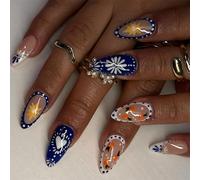 24 pcs Prensa Brillante En Uñas Almendras Cortas Uñas Artificiales Pegamento En Uñas Azul Blanco Encaje Francés Clavos Falsos Cubiertos