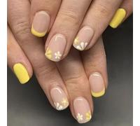 24 PCS Presione Brillante En Uñas Cortos Falsos Falsos Flores Encantadoras En La Punta Francesa Amarilla Artificial
