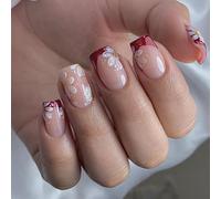 24 PCS Red French Tip Press On Ups Square Clauts Nails Flowers Flores Uñas Acrílicas Cubiertas Completas Simples Stick En Las Uñas
