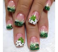 24 Pcs Short False Nails French Tip Stick On Nails Festival Press On Nails Shamrocks Artificial Nails