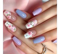 24 Pcs Sweet Flowers False Nails Simple Artificial Glossy Full Covers Stick On Long Shape Press On
