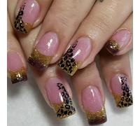 24 PCS Uñas Artificiales Con Leopardos Diseños Impresos De Impresión Falsos Prensa De Punta Francesa En Medios Cuadros Cuadrados Encendido