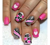 24 Pcs Valentines Day False Nails Lovely Heart Stick on Short Press on Glittering Heart Artificial