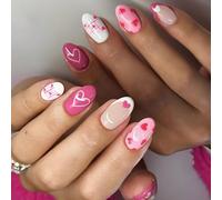 24 PCS Valentines Day Press En Uñas Stick French Stick On Heart Cubiertas Completas Falsas Acrílicas Brillantes