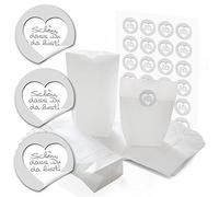 24 pequeñas bolsas de papel blancas con base de papel de 14 x 22 x 5,6 cm + 24 pegatinas redondas con texto en alemán "Schön dass du da bist" en blanco y gris, paquete de regalo para invitados