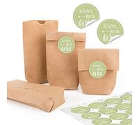 24 pequeñas bolsas marrones Natural Papel Kraft papel 9 x 15 x 3,5 cm + 24 redondas Schön dass du da bist claro de verde blanco color verde pistacho del paquete Mini de bolsa regalo