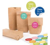24 pequeñas bolsas marrones Natural Papel Kraft papel 9 x 15 x 3,5 cm + 24 redondas Schön dass du da bist Rosa Multicolor turquesa azul verde amarillo Blanco del paquete Mini de bolsa regalo