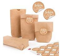 24 pequeñas bolsas marrones Natural Papel Kraft papel 9 x 15 x 3,5 cm + 24 redondas Schön dass du da bist Blanco Beige Corazón Rojo Marrón Claro del paquete Mini de bolsa regalo