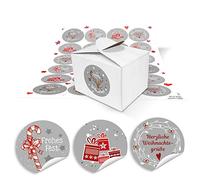 24 Petites Boites cadeau Boîtes cadeau Blanc (8 x 6,5 x 5,5) + 24 Rouge/Blanc Gris planches d'autocollants ronde avec textes... Joyeux Noël de voeux Noël, Frohes Fest... (14127)