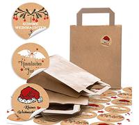 24 petits Marron Motifs Noël papier avec fond (18 x 8 x 22 cm) + 24 Autocollants de Noël ronde avec texte blanc 4 cm, noir/rouge (14126) emballage pour cadeaux de Noël Joyeux