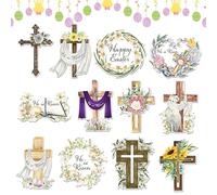 24 Piece Easter Accents - Spiritual Set, Crafted Timber Hangings For Holiday Display, Resurrection Pendants with He Rises Engraving, Devotional Charms For Tabletop Trees and Family Celebrations.