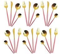 24-Piece Silverware Set - Stainless Steel Reusable Utensils Forks Spoons Knives Set, Mirror Polished Cutlery Flatware Set, Great for Family Gatherings & Daily Use (6 set, Pink Handle)