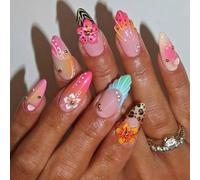 24 Piezas Almendra Uñas Postizas Gel Francesa, 3D Hechas a Mano, Press on Nails con Flores, Medianas Brillantes Adhesivas Uñas Falsas Naturales, 12 Tamaños Acrilico Uñas para Mujeres y Niñas