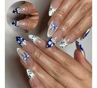 24 Piezas Almond Falsas Presione En Uñas Artificiales Franceses Brillantes Con Blueberry Y Bows Manicure Art Party Ready Nail