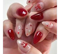 24 piezas Corazón uñas acrílicas con diamantes de imitación San Valentín falso uñas francesas en las uñas 3D arcos prensado en las uñas