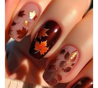 24 piezas cuadradas cortas con diseños de hojas de arce para manicura para Acción de Gracias y eventos de otoño