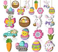24 Piezas de Adornos de Madera para Primavera, Pascua, Adornos de Feliz Pascua, Bonitos Adornos navideños con Cuerdas, Adornos Colgantes para árbol de Pascua, Fiesta, hogar, Aula (Conejo Huevo Flor)
