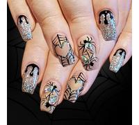 24 piezas de encaje francés cuadrado uñas postizas acrílico telaraña para pegar mujeres Halloween regalos impresión completa cubierta artificial