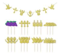 24 Piezas De Inserciones Para Decoración De Pasteles, 1 Pieza De Bandera, Decoraciones De Comunión, Inserciones De Decoración De Pasteles Con Purpurina, Suministros De Decoración Para Fiestas