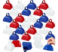 24 piezas de metal con asas, campanas de vaca para eventos deportivos de 3 pulgadas, cencerro de animación a granel con asa para juegos de fútbol, regreso a casa, Año Nuevo (azul, blanco, rojo)