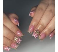 24 piezas de puntas cortas francesas cuadradas postizas postizas con lazos y diseño de flores para mujer, accesorios de uñas de manicura