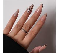24 piezas de puntas largas francesas en forma de almendra con diseños de puntos de animales, pegamentos para extensiones de uñas de mujer