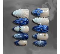 24 piezas de uñas a presión retro azules, lirios azules, perlas de rayas de burbujas, materiales ABS para fiestas de belleza atemporales, rayas falsas Instagrams