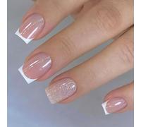 24 Piezas De Uñas Artificiales Cuadradas Con Purpurina Francesa Destellos Blancos Cortos Prensa En Las Uñas Materiales ABS Para Bodas Fiestas Uso Diario Brillos Manicura Francesa