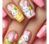 24 piezas de uñas cuadradas con pegamento a presión para mujeres y niñas en ataúd punta francesa de almendra
