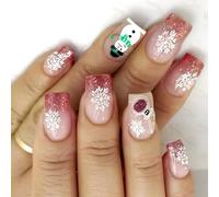 24 piezas de uñas postizas a presión con diseño de copo de nieve para invierno, diseño cuadrado corto con puntas francesas, uñas postizas para decoración festiva