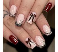 24 Piezas De Uñas Postizas Con Patrón Lazos Rojos Fáciles Aplicar Ajuste Cómodo Para Diversos Eventos Durabilidad Juego Manicura Con Prensa Sobre Uñas Lazos Rojos