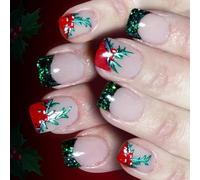 24 Piezas De Uñas Postizas Con Purpurina Francesa Navideña Con Diseño Hoja Navideña Fáciles Usar Presione Sobre Uñas Postizas Para Un Estilo Festivo