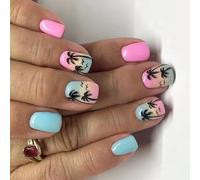 24 piezas de uñas postizas cuadradas cortas cocos árbol de prensa uñas uñas acrílicas brillantes cubiertas completas pegadas en las uñas