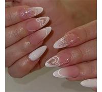 24 piezas de uñas postizas francesas de almendra mediana con purpurina de corazón, diseño brillante para mujeres, fiesta, uso diario, uñas postizas ABS, punta francesa, estilos elegantes