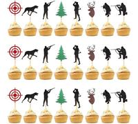 24 piezas decoración de pastel de caza, caza temática Cupcake Topper, decoración de tortas de lentejuelas, Woodland Chasses, árbol ciervo y cazador, para decoración de tartas de cumpleaños
