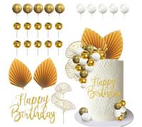 24 Piezas Decoracion Tartas Cumpleaños, Decoracion de Pastel Bolas, Decoración para Tartas Oro Blanco, Topper Tarta de Hojas de Palma Doradas, para Fiesta de Cumpleaños, Bodas, Baby Shower (A)