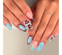 24 Piezas Diseño Francés Con Cuentas Brillantes Durabilidad Materiales ABS Construcción Últimas Uñas Postizas Francesas Brillos Florales Azules