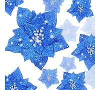 24 Piezas Flores Navideñas Artificiales Poinsettia Brillante Adornos de Árbol de Navidad Boda, 3/4/ 6 Pulgadas (Azul)