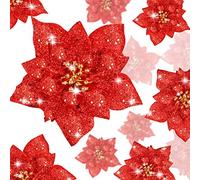 24 Piezas Flores Navideñas Artificiales Poinsettia Brillante Adornos de Árbol de Navidad Boda, 3/4/ 6 Pulgadas (Rojo)