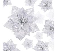 24 Piezas Flores Navideñas Artificiales Poinsettia Brillante Adornos de Árbol de Navidad Boda, 3/4/ 6 Pulgadas (Plateado)