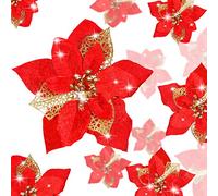 24 Piezas Flores Poinsettia Brillantes de Navidad Flores Navideñas Artificiales Adornos de Año Nuevo Árbol de Navidad Boda (Rojo)
