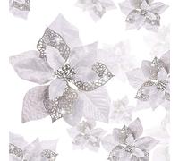 24 Piezas Flores Poinsettia Brillantes de Navidad Flores Navideñas Artificiales Adornos de Año Nuevo Árbol de Navidad Boda (Plateado)