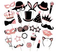 24 Piezas Foto Props de Fiesta Mixta de Sombreros, Copa de Vino, Pintalabios, Corbata, Coronas para Suministros de Fiesta de Graduación de Año Nuevo Boda Cumpleaños (Oro Rosa)