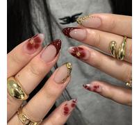 24 Piezas Francesas Marrones Press on Nails, Cortas Almendra Uñas Postizas con Flores y Diamantes, Acrílicas Brillantes Cubierta Completa Uñas Falsas, Reutilizables Uñas Adhesivas para Mujeres Niñas