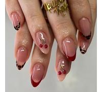 24 Piezas Francesas Uñas Postizas Almendra, Rosa Press on Nails con 3D Cereza, Elegantes Acrílicas Cubierta Completa Uñas Falsas, Naturales Reutilizables Puntas de Uñas para Mujeres Niñas