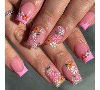 24 piezas French Press en las uñas de forma cuadrada corta uñas postizas lindas flores acrílicas brillantes cubiertas completas pegado