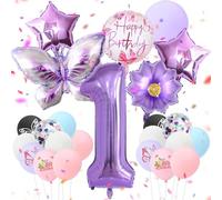 24 Piezas Globo Mariposa 1 Cumpleaños Púrpura Globos Decoracion Cumpleaños Globos de Aluminio de Mariposa Morada para Niños Temática Fiesta Decoración