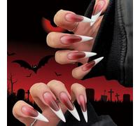 24 Piezas Halloween Adhesivas Uñas Falsas Largas Almendra, Blanco Puntas Degradado Rojo Uñas Postizas Francesa, Brillantes Duradero Uñas a Presión para Mujeres Niñas (Colmillos de Vampiro)