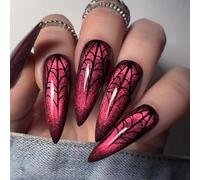 24 Piezas Halloween Largas Uñas Postizas Almendra, Brillantes Rojo Adhesivas Uñas Falsas con Diseño de Telaraña, Acrílico Uñas Falsas Reutilizables Press on Nails para Mujeres Niñas Arte Uñas DIY