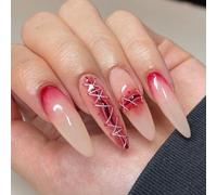 24 Piezas Halloween Largas Uñas Postizas Almendra, Brillantes Rojo Adhesivas Uñas Falsas con Diseño de Herida de Sangre, Acrílico Press on Nails Reutilizables Uñas a Presión para Mujeres Niñas